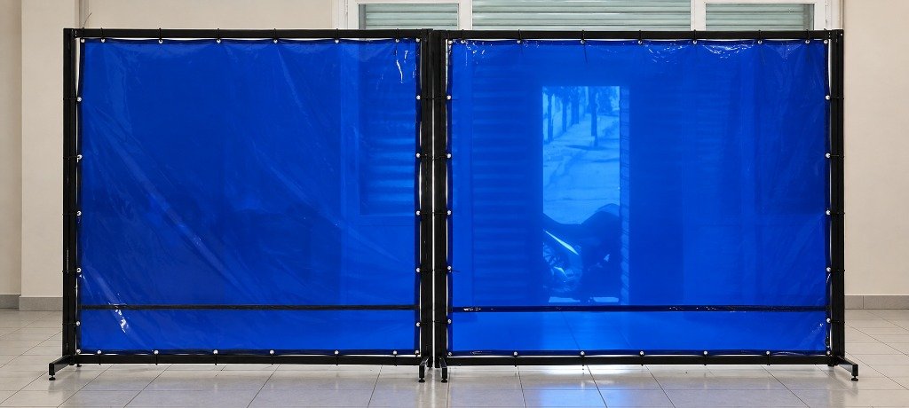 Biombos modulares de PVC vinil azul antichispa