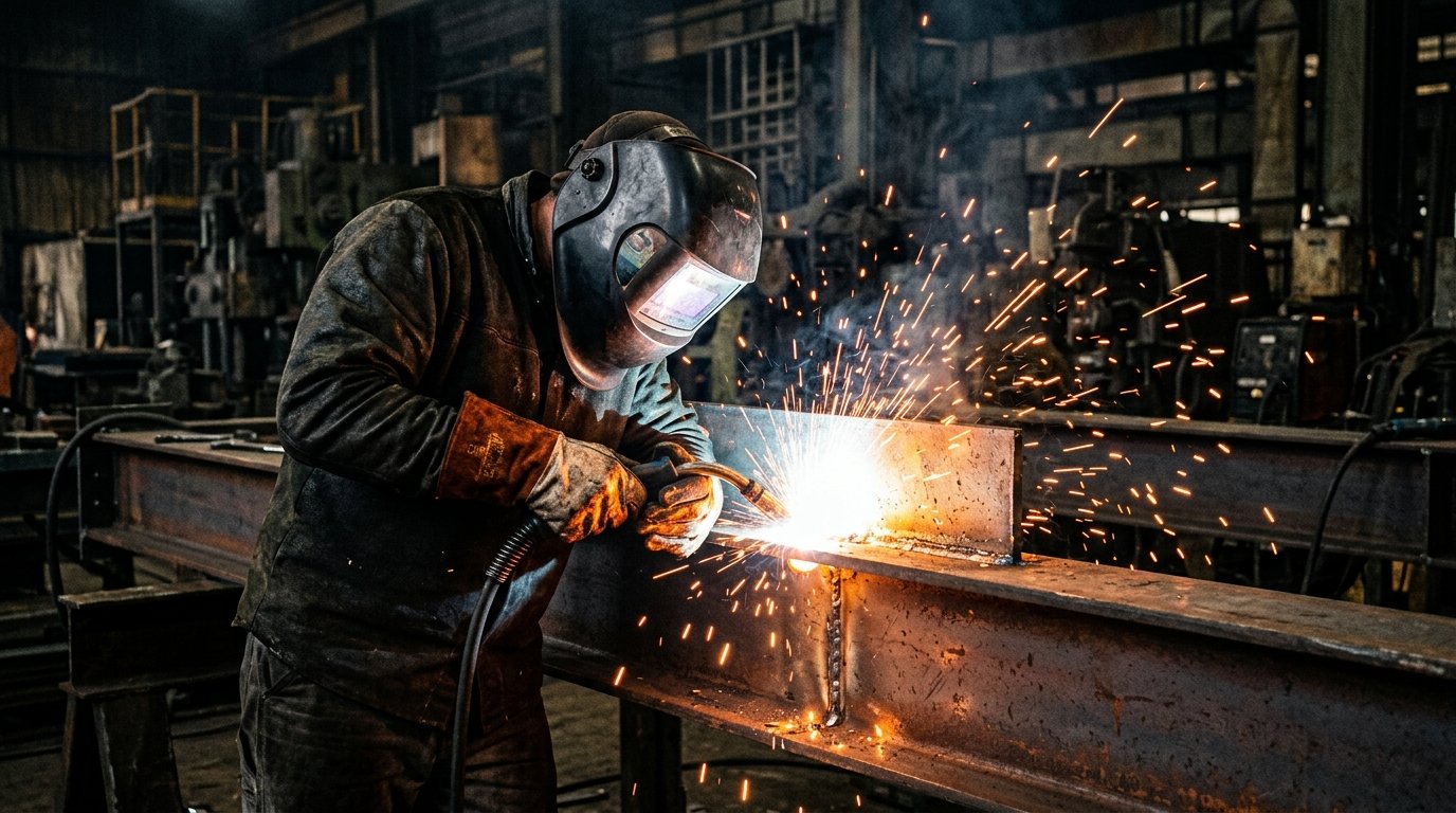 Soldador trabajando entre chispas en un taller industrial